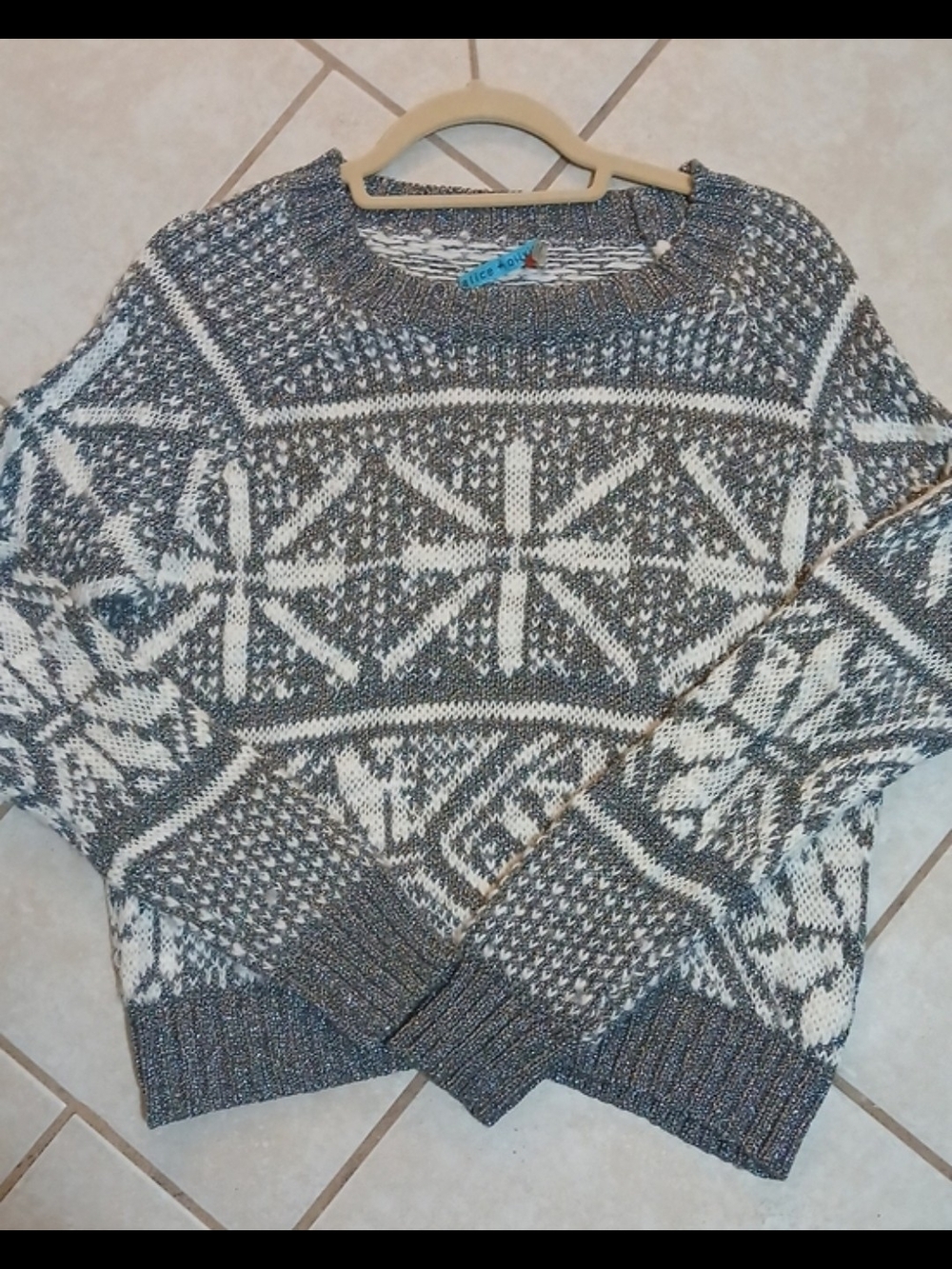 Alice + Olivia Gray and Cream Fair Isle Crewneck Sweater